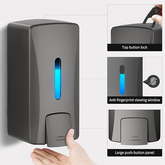 Commercial Soap Dispenser 33.8oz Wall Mount Hand Soap Dispenser for Kitchen & Bathroom with Visible Window & Funnel No-Drip Pump for Liquid Soap Shampoo Sanitizer-Drill or Adhesive Mount
