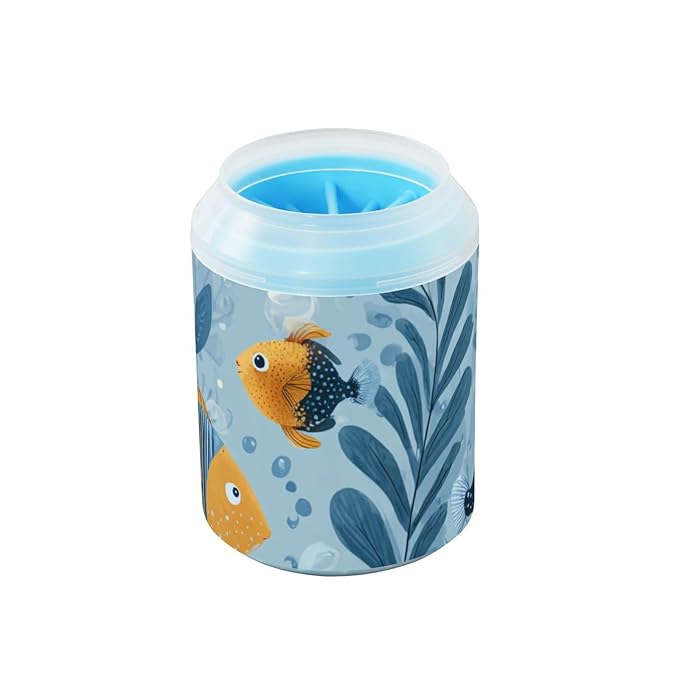 Dog Paw Cleaner Cups for Dogs Pets Foot Washer Paw Scrubber for Medium Small Dogs Cats Cleaning Cup Light Blue Tropical Fish Bubbles and Seaweed