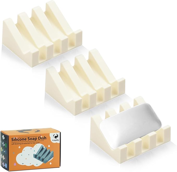 Self Draining Soap Dish Holder,Silicone Soap Dish,for Bathroom,Kitchen, Sponges，Can Extend Soap Life，Keep Soap Bars Dry and Easy Cleaning (Cream White,3-Pack)