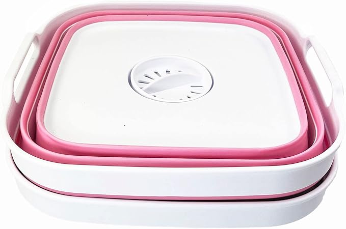 SAMMART 10L (2.64 Gallon) Collapsible Dishpan with Draining Plug - Foldable Washing Basin - Portable Dish Washing Tub - Space Saving Kitchen Storage Tray (Grey + Pink (Set of 2))