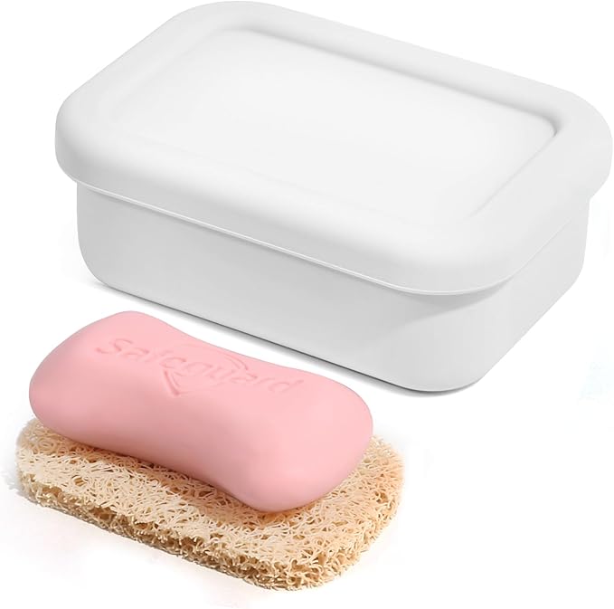Leak Proof Silicone Travel Soap Case with Draining Tray - Bar Soap Holder for Travel, Gym & Camping - Mess-Free Portable Soap Container for Carry-on Bags (White)
