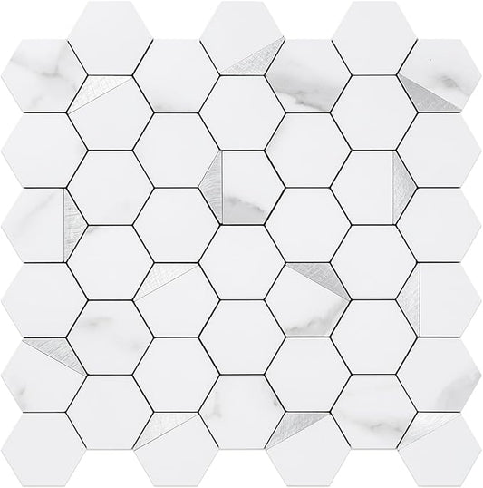 DICOFUN 1 Sheet Hexagon Tile Peel and Stick Backsplash, White Marble Look PVC Mixed Silver Metal Mosaic Tiles for Kitchen and Bathroom