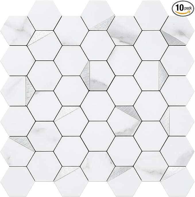 DICOFUN 10-Sheet Hexagon Tile Peel and Stick Backsplash, White Marble Look PVC Mixed Silver Metal Mosaic Tiles for Kitchen and Bathroom