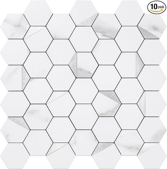 DICOFUN 10-Sheet Hexagon Tile Peel and Stick Backsplash, White Marble Look PVC Mixed Silver Metal Mosaic Tiles for Kitchen and Bathroom