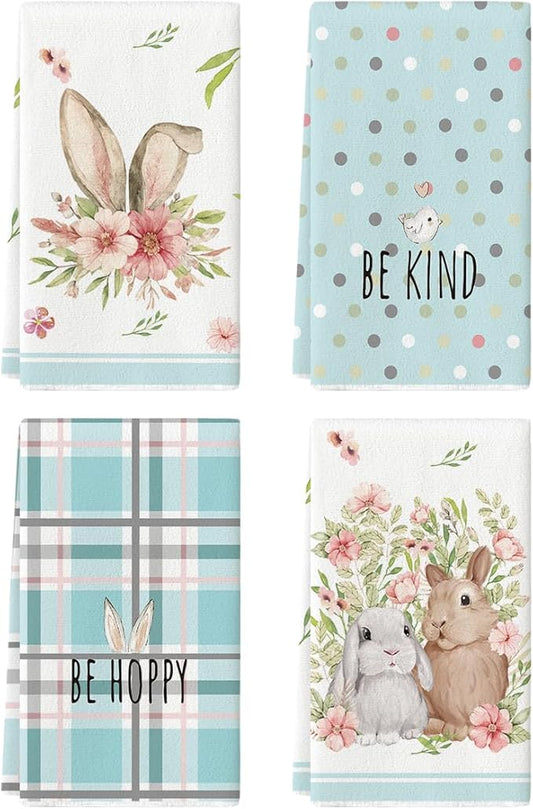 Artoid Mode Light Blue Stripe Polka dots Rabbit Bunny Easter Kitchen Towels Dish Towels, 18x26 Inch Seasonal Spring Decoration Cleaning Set of 4