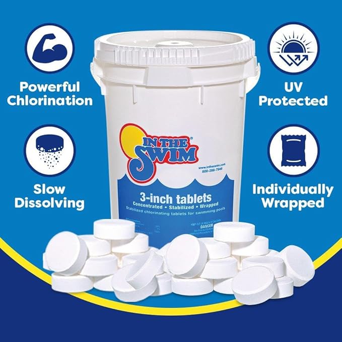 In The Swim Shock and Chlorine Bundle for Sanitizing Swimming Pools – Includes 50 Pound Bucket of 68% Cal-Hypo Pool Shock and 50 Pound Bucket of 3 Inch Stabilized Chlorine Tablets