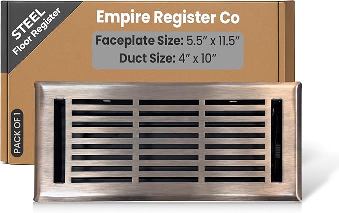 EMPIRE REGISTER CO Linear Design, Heavy Duty Floor Vent Covers, Metal Damper Attached. Vent Covers for Floor only. (Floor, Antique Copper, 4 x 10 inch (Pack of 1))