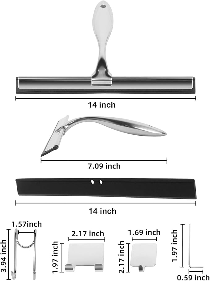 All-Purpose Stainless Steel Shower Squeegee Come with S Hook, 2 Square Sticky Hook 2 Rubber Strips Shower Squeegee for Glass Doors, Windows, Mirrors, Tiles and Car Glass -14 Inches Silver