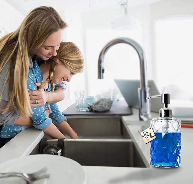JASAI Diamond Design 12 Oz Glass Soap Dispenser, Kitchen soap Dispenser with 304 Rust Proof Stainless Steel Pump, Bathroom Soap Dispenser for Hand Soap, Soap, Lotion(Clear).
