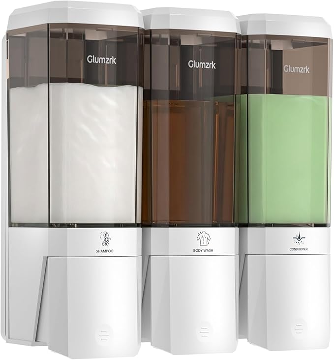 Shampoo and Conditioner Dispenser 3 Chamber No Drill Shower Soap Dispenser Wall Mounted Shampoo Conditioner Body Wash Refillable Bathroom Shower Dispenser (White+Smoke Gray 3 Chamber)