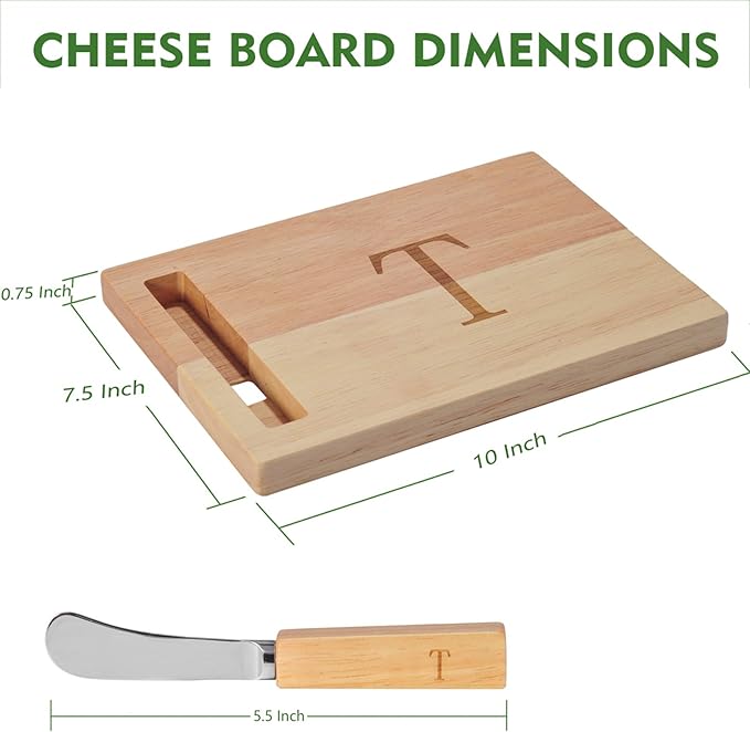 Miicol Wood Charcuterie Board, Monogram Cheese Board 10 Inch, Personalized Initial Cutting Board with Spreader, Unique Housewarming Gift, Ideal for Kitchen, Home, Letter T