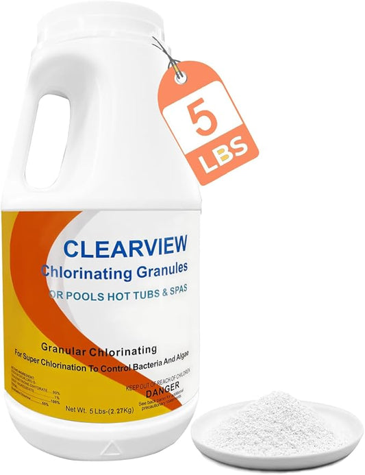 ClearView Chlorine Granules 5 Lbs for Spas and Hot Tubs, Fast Dissolving Chlorinating Granules for Swimming Pools, Calcium-Free Formula Pool Chlorine Shock Granular Sanitizer