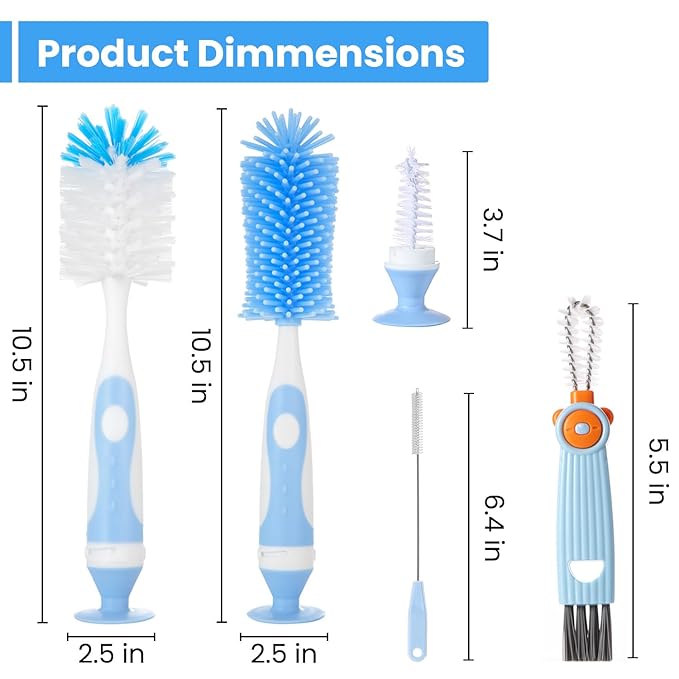 5-in-1 Baby Bottle Brush Set, Including Nylon and Silicone Bottle Brush, Bottle Cap, Straw and Nipple Cleaner, BPA-Free (Blue)