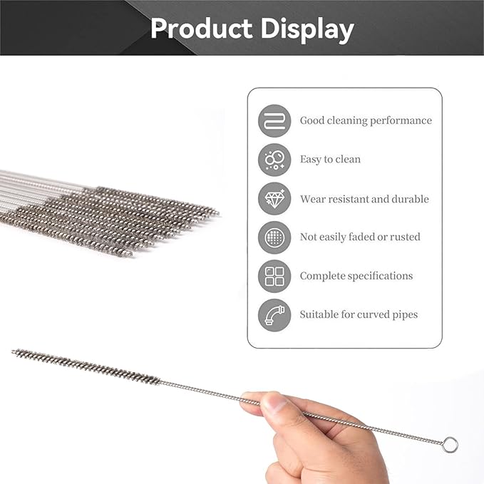 12 Inch Pipe Cleaning Brush Set with Stainless Steel Bristles, Steel Wire Tube Brush Kit for Auto Parts Polishing, Machining, Bottles, Tubes, Etc.（6mm-10pcs）