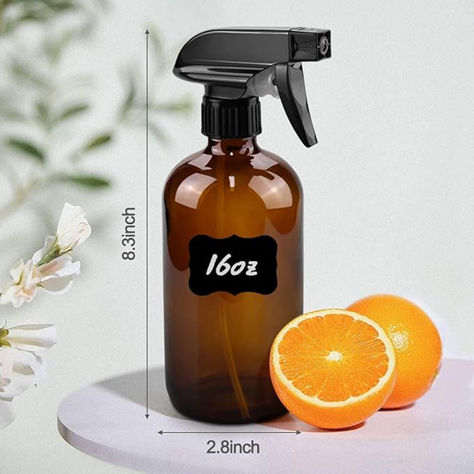 Glass Spray Bottles, 16oz Refillable Containers, Empty Boston Round Bottles with Labels & Adjustable Nozzle for Cleaning, Gardening, Aromatherapy, Pets, Plant, Hair -Amber (2 Pack)