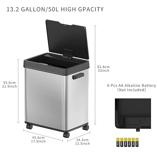 Motion Sensor Trash Can, Automatic Trash Cans Touchless, 13 Gallon 50 Liter Stainless Steel Garbage Cans for Kitchen Living Room with Odor Control & Wheels, Soft-Closing, Stay Open Lid
