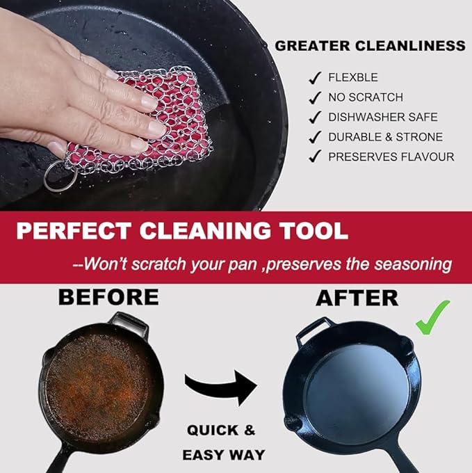 Cast Iron Chainmail Scrubber with Red Silicone Insert Chainmail Scrub Easy to Grip,Cast Iron Pan Cleaner -316 Chain Metal Sponge for Cast Pan Skillet Scrubber