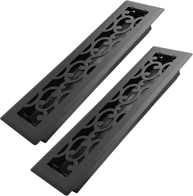 2x12 Inches 2 Pack Heavy Duty Walkable Floor Register - Easy Adjust Air Supply Lever Decorative Floor Vent Covers - Savannah Design Vent Covers for Home - Matte Black