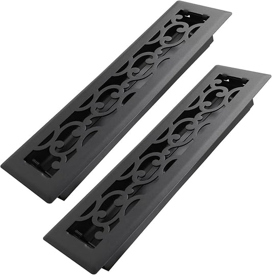 2x12 Inches 2 Pack Heavy Duty Walkable Floor Register - Easy Adjust Air Supply Lever Decorative Floor Vent Covers - Savannah Design Vent Covers for Home - Matte Black