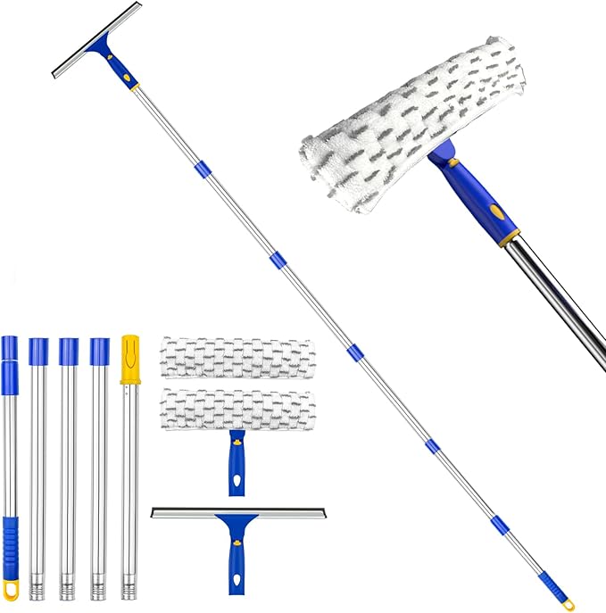 ITTAHO 81" Window Squeegee Cleaner, Window Cleaning Tool Kit,12" Squeegee and 11" Microfiber Scrubber Combi with Stainless Steel Pole for Car,Sliding Door,Shower Glass Door-Swivel Style-2 Pads