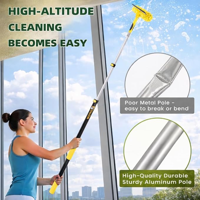 225'' Long Reach Window Squeegee with Telescoping Extension Pole, 2-in-1 Indoor/Outdoor Cleaning Tool with 270° Rotatable Head, Lightweight Alloy Aluminum Pole for Shower Door, Mirror, Car Windshield