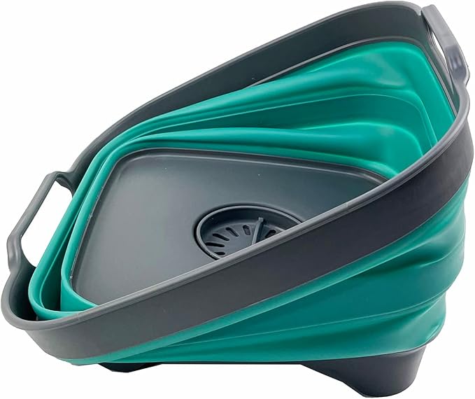 SAMMART 10L (2.64 Gallon) Collapsible Dishpan with Draining Plug - Foldable Washing Basin - Portable Dish Washing Tub - Space Saving Kitchen Storage Tray (Grey/Turquoise Blue)