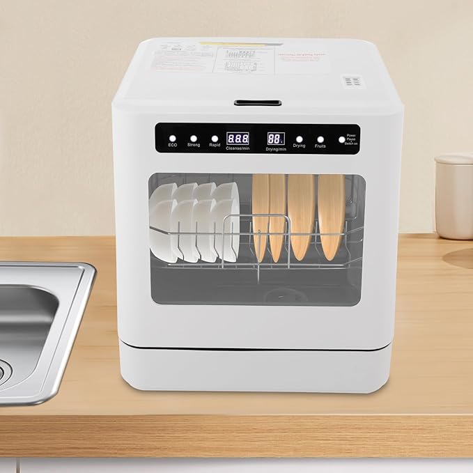 Portable Mini Dishwasher, Countertop Household Dishwasher with 4 Washing Modes & Hot Air Drying, 161.6°F Sterilization for 4-6 Persons Kitchen Apartment