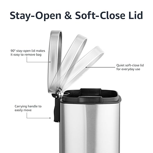 Amazon Basics Smudge Resistant Mini Rectangular Trash Can With Soft-Close Foot Pedal, Brushed Stainless Steel, for Bathroom & small space, 5L/1.32 Gal, 7.3x8.5x11.8 in, Satin Nickel Finish