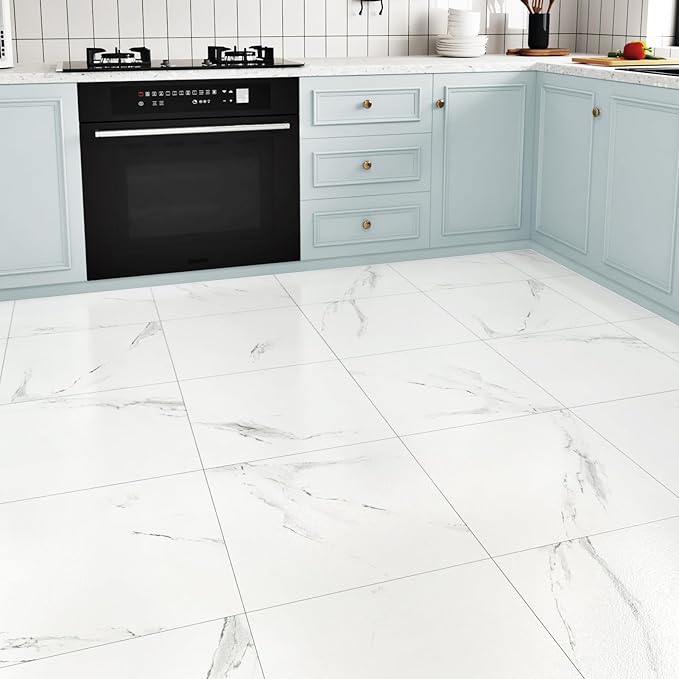 20 Pack Marble Peel and Stick Floor Tile White Waterproof Vinyl Flooring Self Adhesive Ceramic Bathroom Floor Tile Laminate Flooring Sheet for Garage Kitchen Laundry Room Shower Square