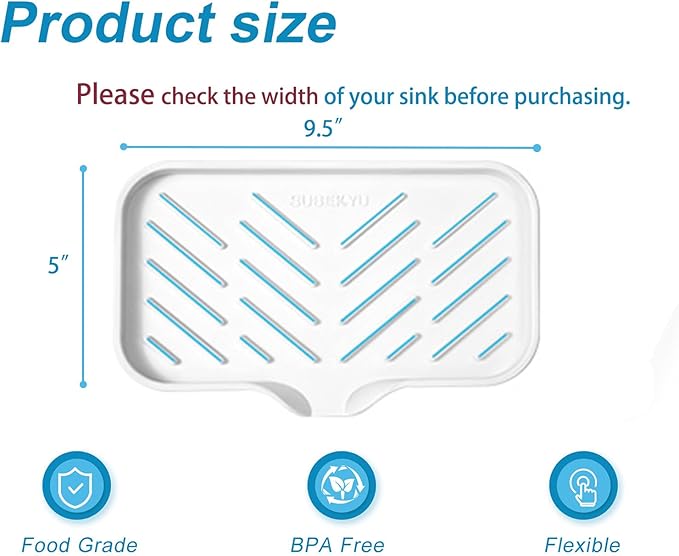 SUBEKYU Silicone Kitchen Soap Tray, Sink Tray for Kitchen Counter/Soap Bottles, Sponge Holder and Organizer with Drain Spout, White, [Size: 9.5 x 5 inch]
