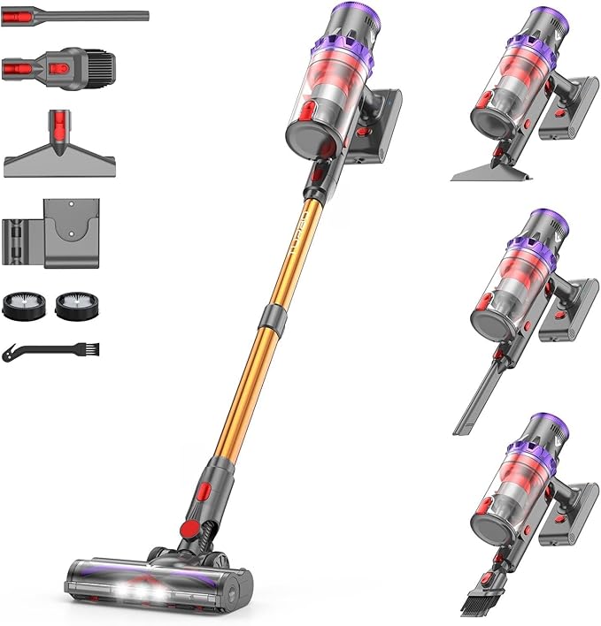 Coovy SU7 Cordless Vacuum Cleaner 580W 50Kpa 80 Minutes Runtime Stick Vacuum with Touch Screen Anti-Tangle Wireless Powerful Lightweight LED Vac for Home Pet Hair Carpet Hardwood, Gold