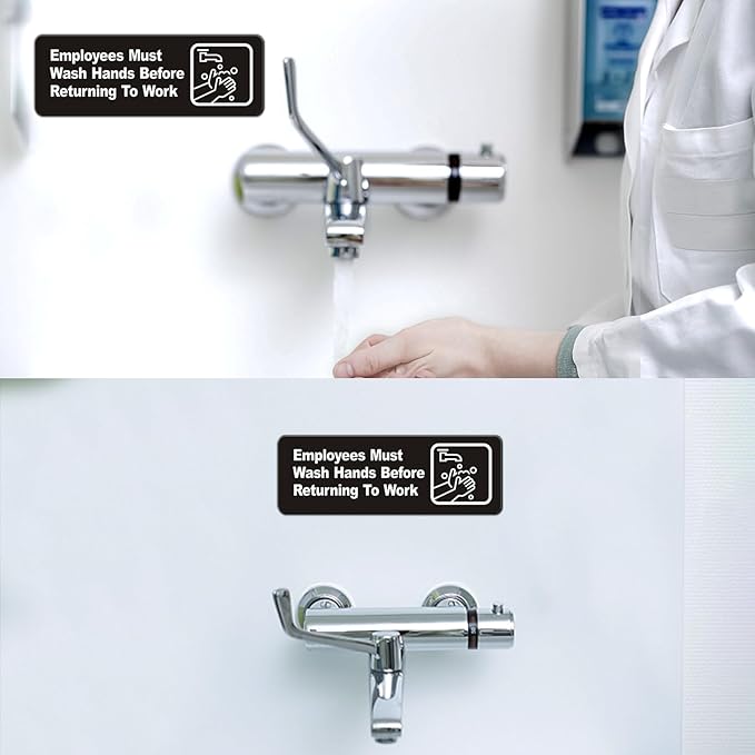Faittoo Employees Must Wash Hands Before Returning to Work Sign, (8 Pack) 9 x 3 Inch Acrylic Plastic Sign with Symbols, Self-adhesive, for Restaurant, Hotel, Motel, Rest Stops, Public Restrooms