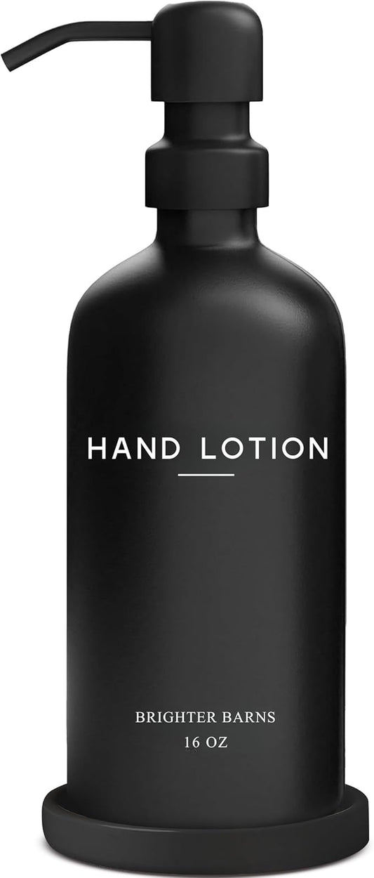 Black Glass Lotion Dispenser with Pump by Brighter Barns - Hand Lotion Dispenser Bathroom Set & Tray - Modern Bathroom Decor in Airbnb, Apartment Rental Properties, Guest House, Hotel Lobby (Black)