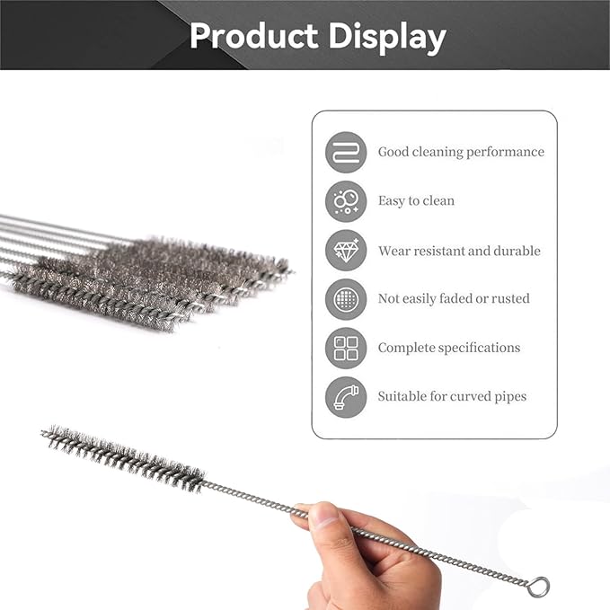 12 Inch Pipe Cleaning Brush Set with Stainless Steel Bristles, Steel Wire Tube Brush Kit for Auto Parts Polishing, Machining, Bottles, Tubes, Etc.（15mm-10pcs）