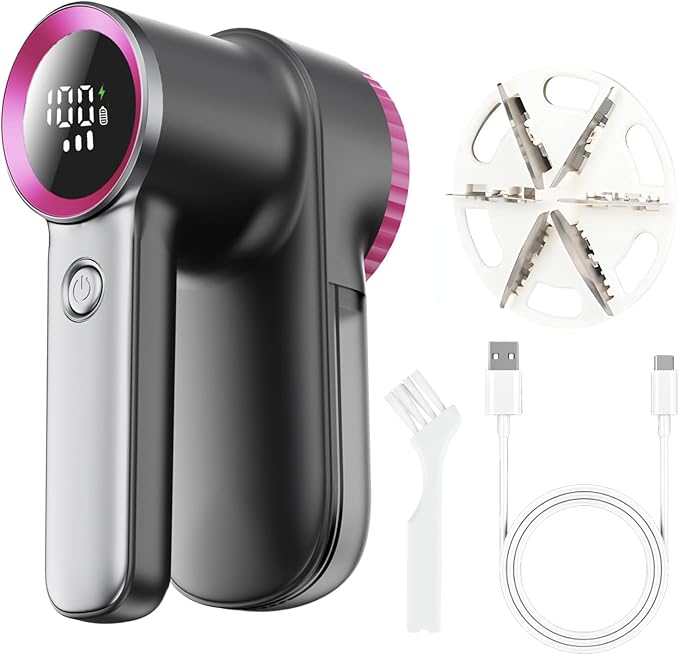 Rechargeable Fabric Shaver & Lint Remover, Electric Sweater Defuzzer with 3 Speeds, 6 Leaf Blades, LED Display & Type-C Fast Charging, Lint Shaver for Clothes, Furniture, Sweater, Couch