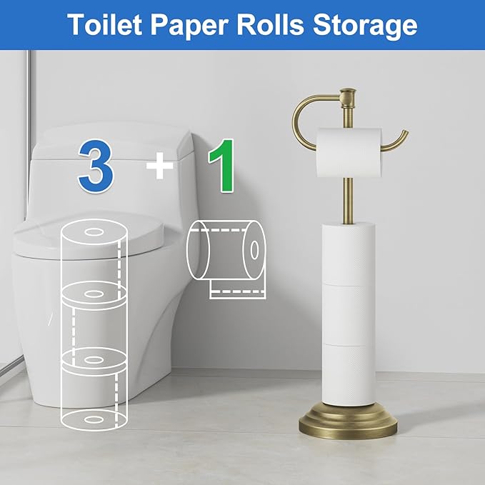 RUMOSE Toilet Paper Holder Stand for Floor, Antique Brass Bathroom Free Standing Toilet Tissue Roll Holder with Storage, Adjustable 17-25 Inch, SUS304 Stainless Steel