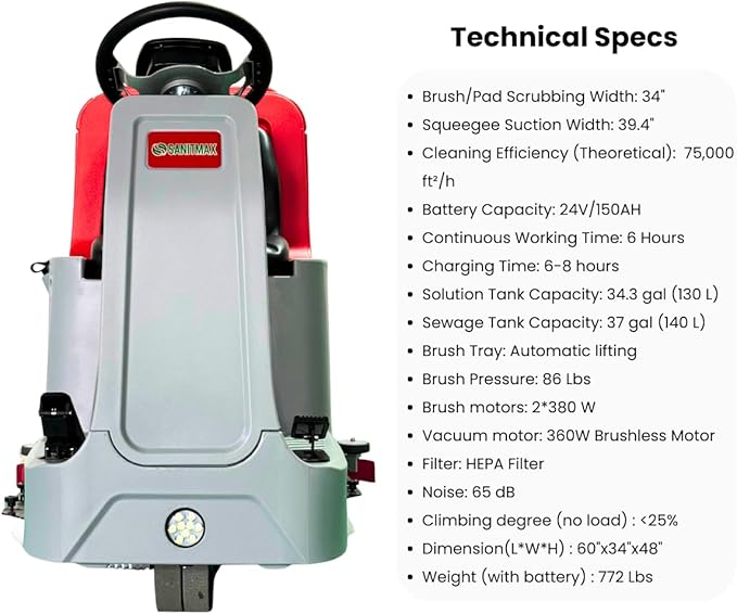 34" Ride-On Floor Scrubber Machine, Dual 17" Brushes, 34.3 Gal Solution Tank, 37 Gal Recovery Tank, 75,000 Sq.Ft/H Productivity, 6 HR Working Time, Industrial and Commercial Floor Cleaning