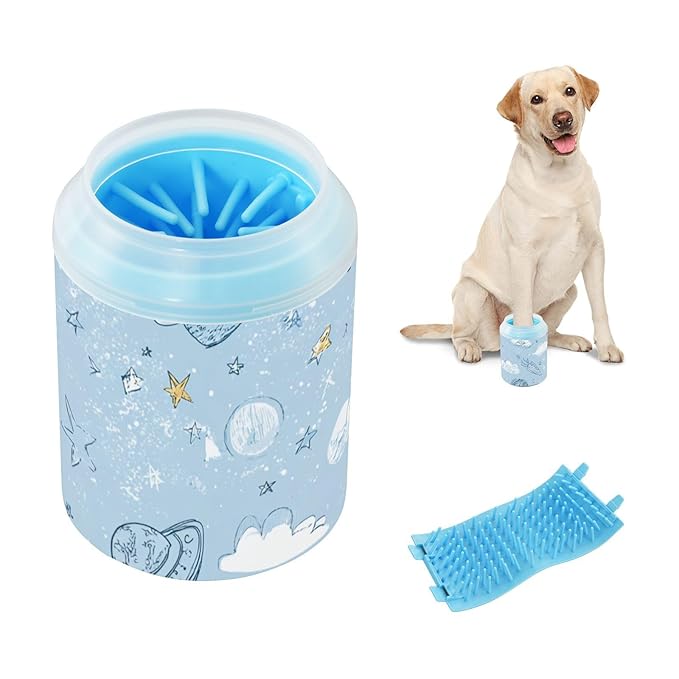 Dog Paw Cleaner Cups for Dogs Pets Foot Washer Paw Scrubber for Medium Small Dogs Cats Cleaning Cup Sky Blue Space Rockets Clouds Stars