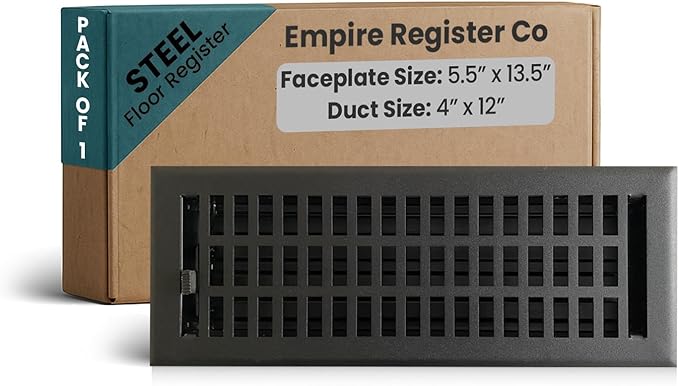 Empire Register Co, Steel Floor Register - 4x12 inch, Modern Contemporary Design, Textured Black Finish, Heavy Duty Walkable Steel Floor Vents, Metal Damper Attached Air Vents for Home Floor only