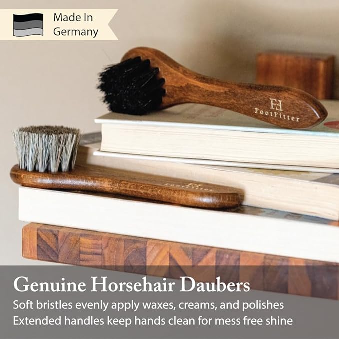 FootFitter Essential Horsehair Shoe Shine Brush Set, Shoe Care Kit with Shoe Shine Brushes & Cloths for Polishing Leather Footwear (Made in Germany)