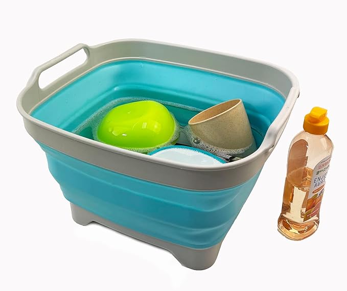 SAMMART 7.5L (2 Gallons) Collapsible Dishpan with Draining Plug - Foldable Washing Basin - Portable Dish Washing Tub - Space Saving y (Grey/Cyanine, 1)