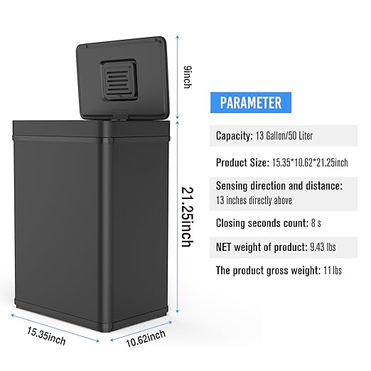 50L / 13 Gallon Smart Automatic Trash Can with Deodorizer Compartment, Stainless Steel Body and Mute Sensor Lid for Kitchen Office Living Room and More, Assemble Large Capacity Garbage Can - Black