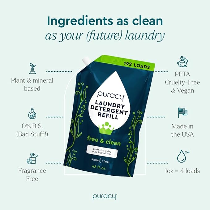 Puracy Laundry Detergent Refill - Enzyme-Powered Liquid Detergent Concentrate, Natural Laundry Detergent Seen on TikTok, Non-Toxic (Free & Clear, 48 fl oz, 192 Loads) (Pack of 2)