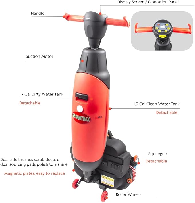 SM430 17" Walk-behind Commercial Floor Scrubber Buffer Polisher Machine, Dual Brushes, Dual Pads and Drivers, 10000 sqft/h, Cordless Rechargeable Lithium Battery, Lightweight, Red