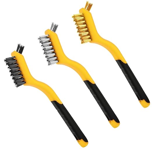 Wire Brush Set for Rust, Paint & Detail Cleaning – 6-Piece Brass, Stainless Steel & Nylon Brushes with Curved Handle for Tight Spaces, Metal, Tile & Household Use