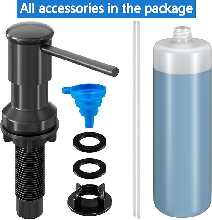 Dish Soap Dispenser, Kitchen Sink Soap Dispenser Pump with 17 OZ Bottle, Refill from The Top, Wide Pump Head Base (Black)