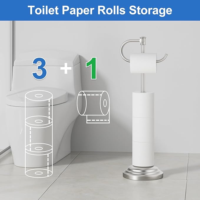 RUMOSE Toilet Paper Holder Stand for Floor, Brushed Nickel Bathroom Free Standing Toilet Tissue Roll Holder with Storage, Adjustable 17-25 Inch, SUS304 Stainless Steel