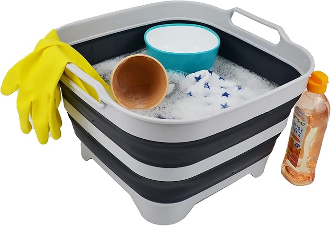 SAMMART 10L (2.64 gallon) Collapsible Dishpan with Draining Plug - Foldable Washing Basin - Portable Dish Washing Tub - Space Saving Kitchen Storage Tray (Grey/Slate Grey)