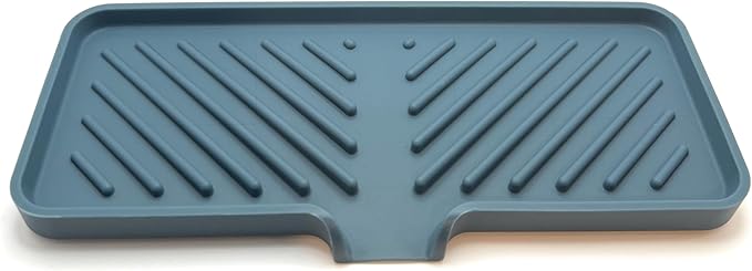 Happitasa Silicone Soap Dish Tray and Sponge Holder with Drain Chute and Feet | 3-Way Sloped Design | Bathroom and Kitchen Sink Organizer Caddy (Smoky Blue, 10"x4")