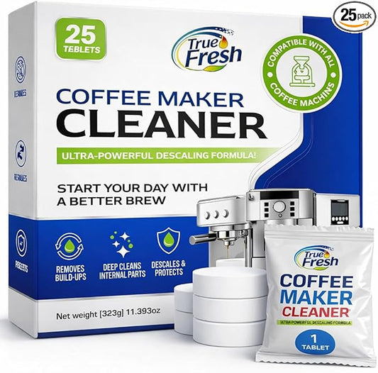 True Fresh Coffee Machine Cleaner & Descaler Tablets 25 Pack - Removes Limescale & Oils, Compatible with Keurig, Nespresso, Breville, Delonghi, Miele - for Espresso & Drip Makers, 1 Year Supply